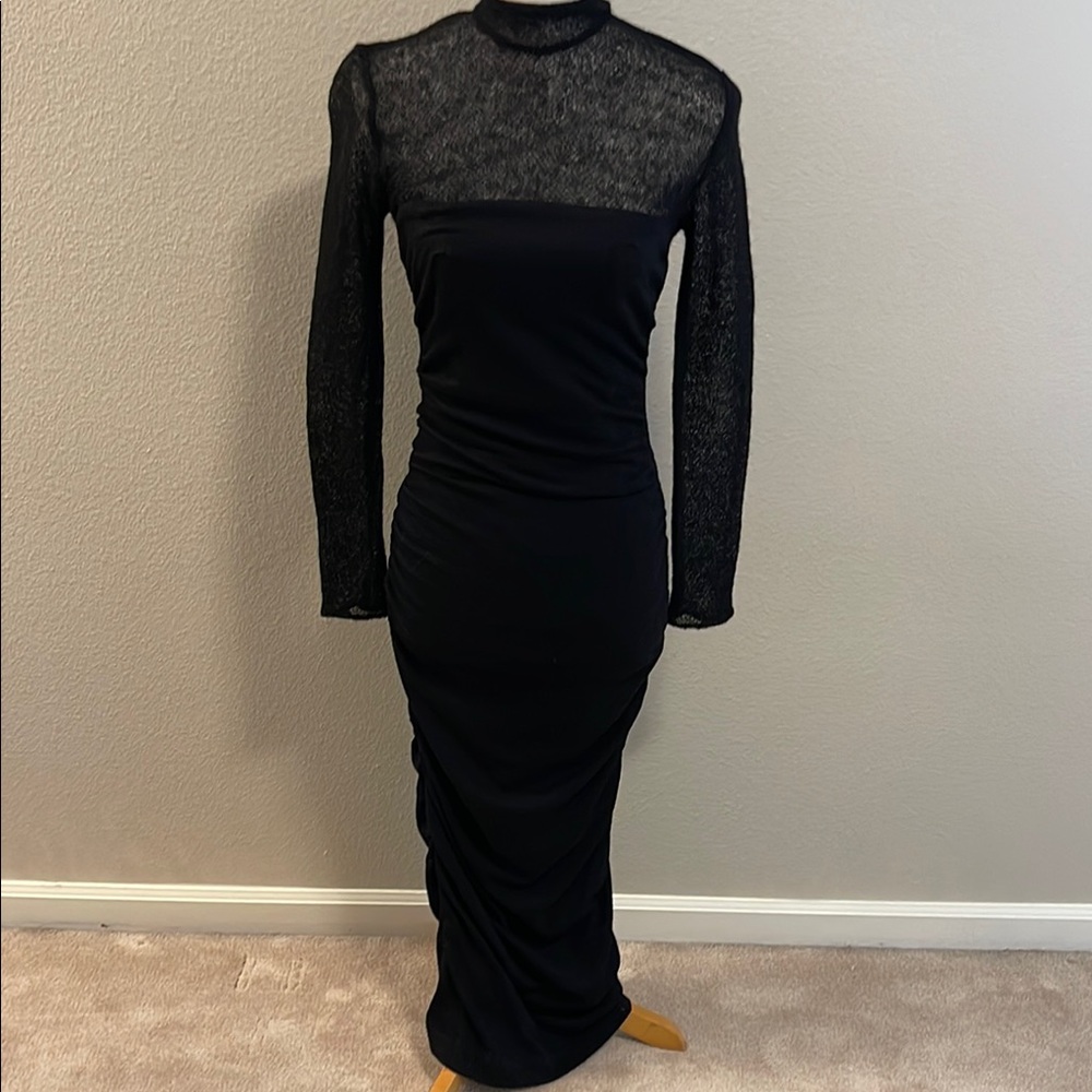 Isabelle Allard Elegant Black Long Sleeve Ruched Maxi Dress Size 38